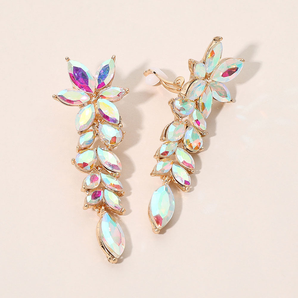 Madeline Love AB, Gold Marquise Cluster Floral Linear Drop Evening Clip On Earrings