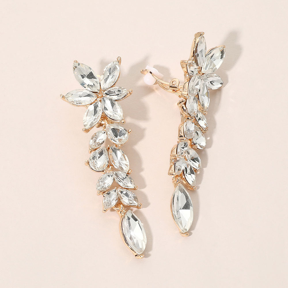 Madeline Love Clear, Gold Marquise Cluster Floral Linear Drop Evening Clip On Earrings