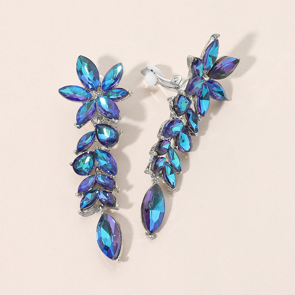 Madeline Love AB, Blue Marquise Cluster Floral Linear Drop Evening Clip On Earrings