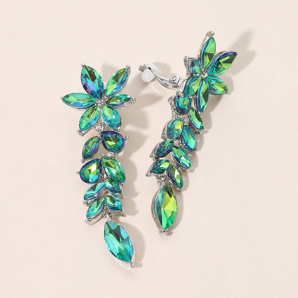 Madeline Love AB, Olive Green Marquise Cluster Floral Linear Drop Evening Clip On Earrings