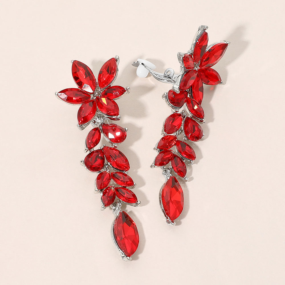 Madeline Love Red Marquise Cluster Floral Linear Drop Evening Clip On Earrings