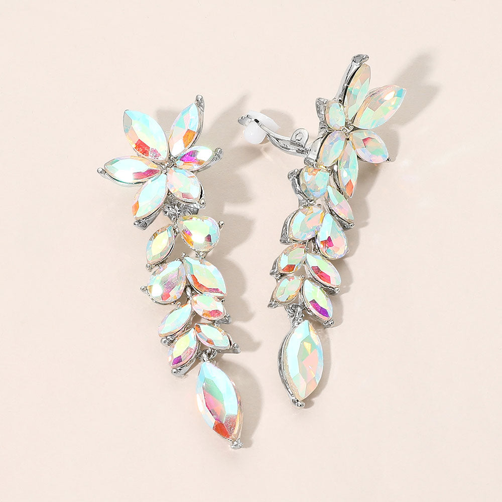 Madeline Love AB, Silver Marquise Cluster Floral Linear Drop Evening Clip On Earrings