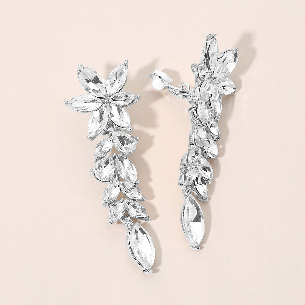 Madeline Love Clear, Silver Marquise Cluster Floral Linear Drop Evening Clip On Earrings