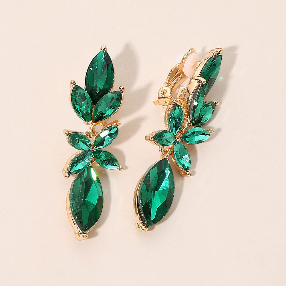 Madeline Love Emerald Marquise Cluster Leaf Drop Evening Clip On Earrings