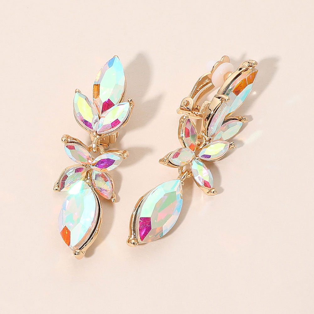 Madeline Love AB, Gold Marquise Cluster Leaf Drop Evening Clip On Earrings