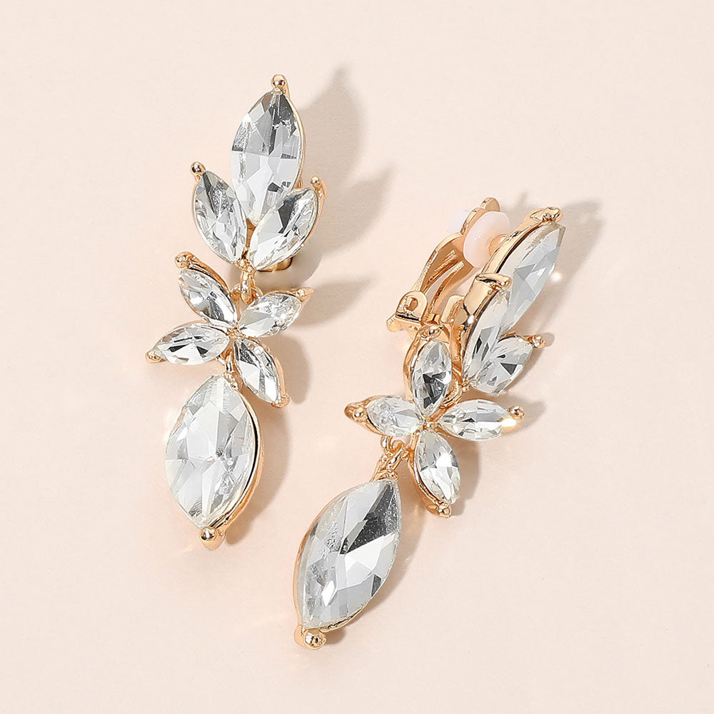 Madeline Love Clear, Gold Marquise Cluster Leaf Drop Evening Clip On Earrings