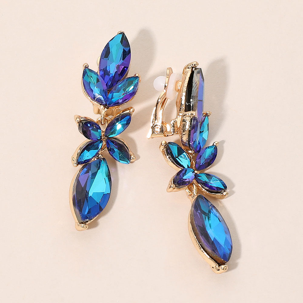 Madeline Love AB, Blue Marquise Cluster Leaf Drop Evening Clip On Earrings