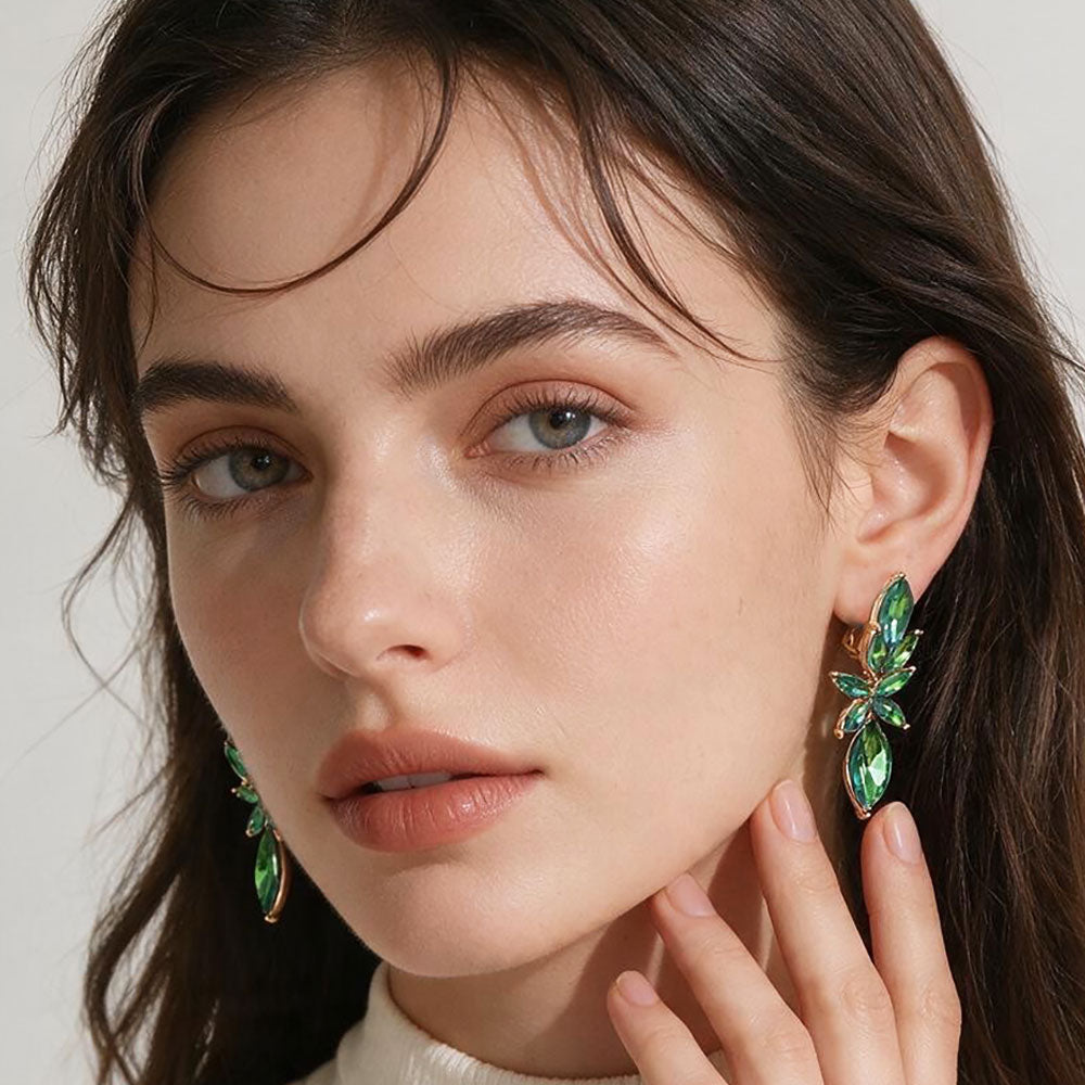 Madeline Love AB, Olive Green Marquise Cluster Leaf Drop Evening Clip On Earrings