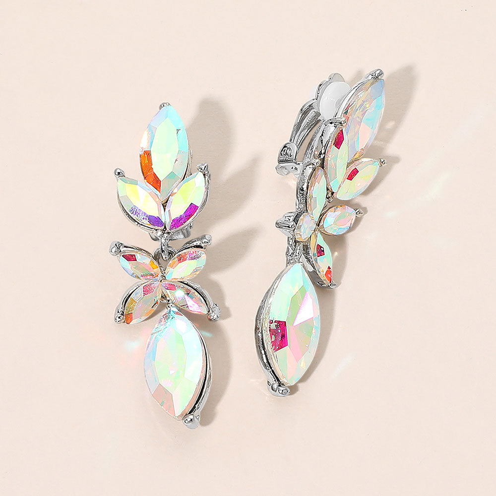 Madeline Love AB, Silver Marquise Cluster Leaf Drop Evening Clip On Earrings