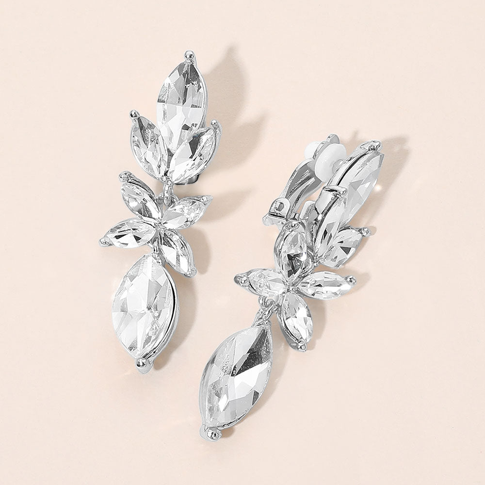 Madeline Love Clear, Silver Marquise Cluster Leaf Drop Evening Clip On Earrings