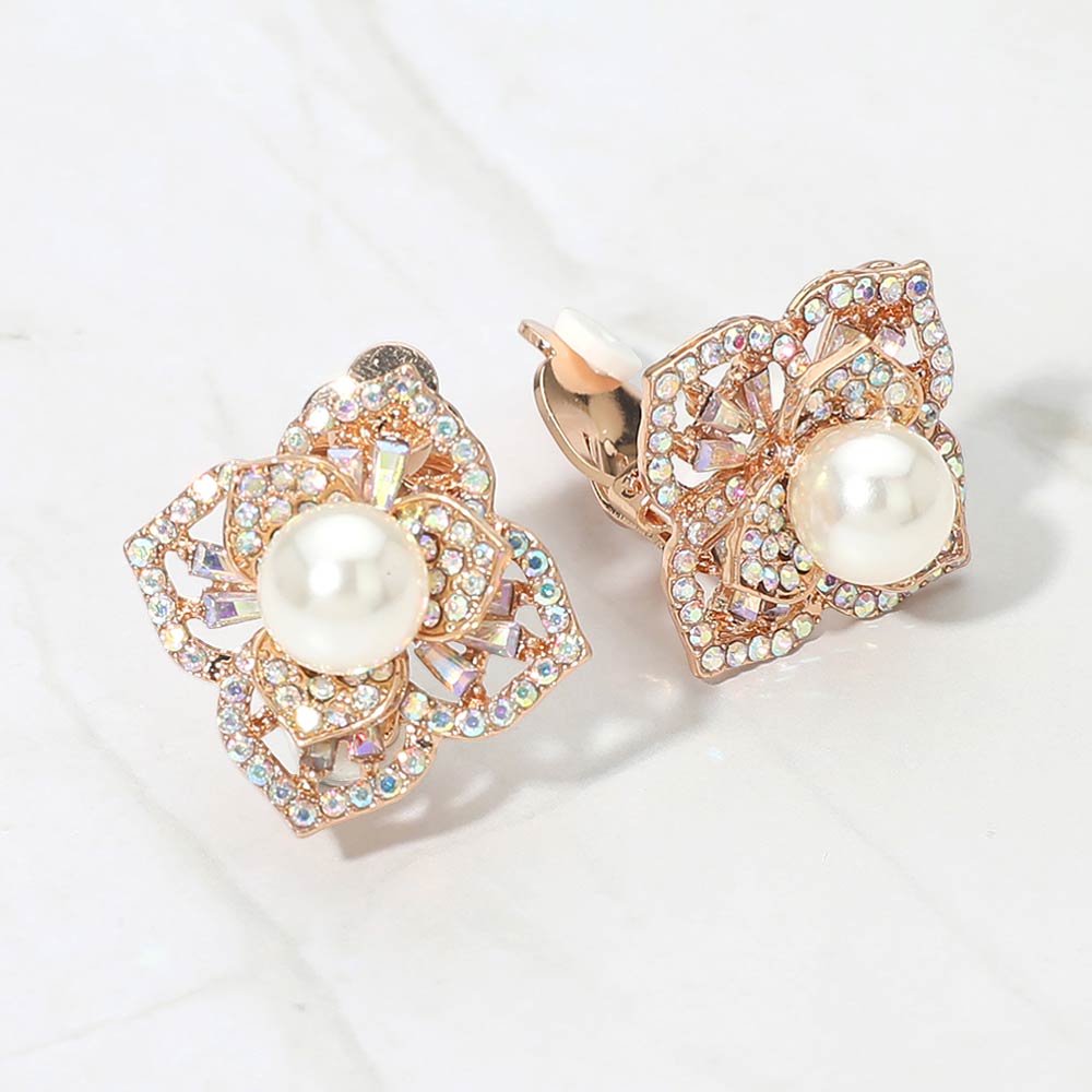 Madeline Love AB, Gold Pearl Center Rhinestone Pave Flower Clip On Earrings