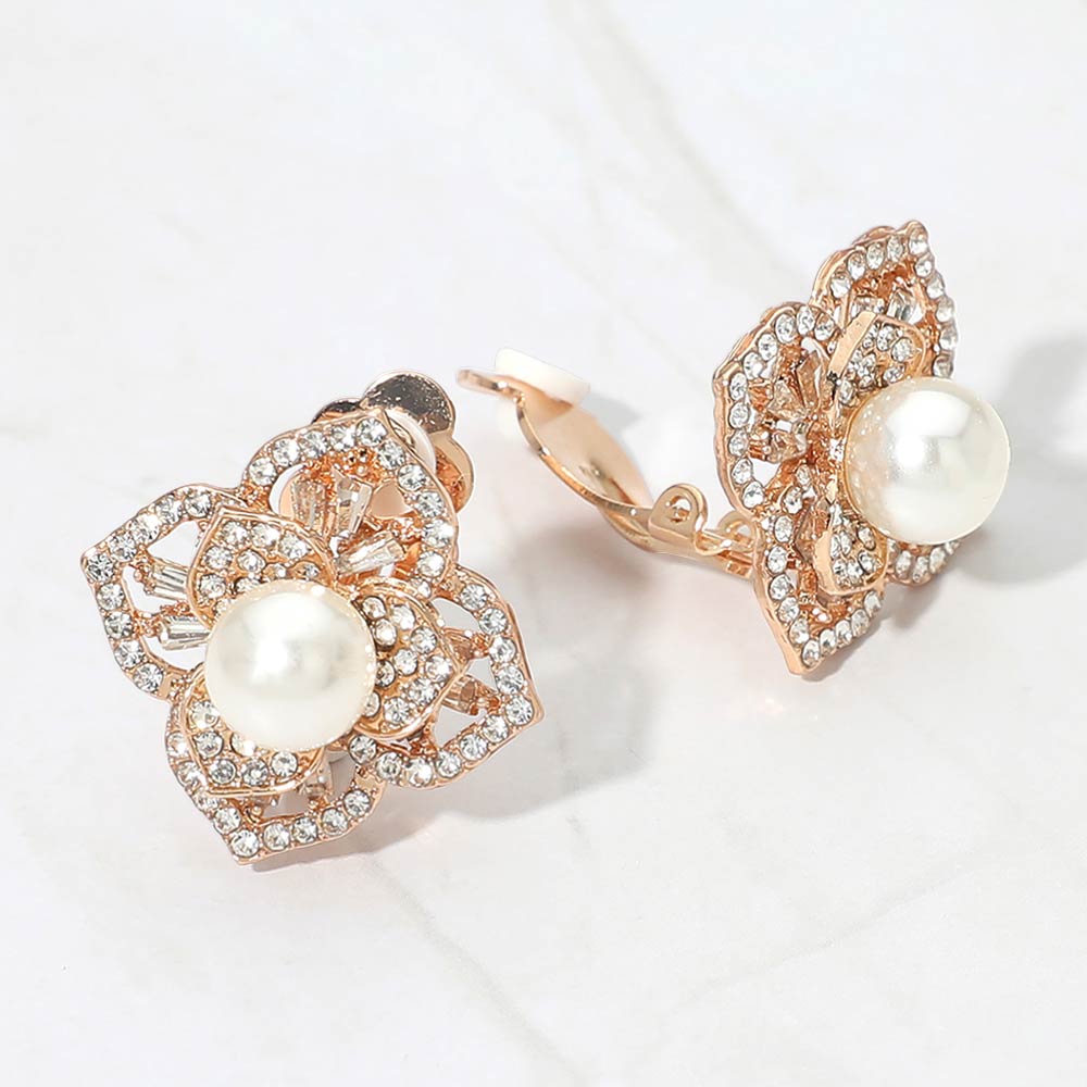Madeline Love Clear, Gold Pearl Center Rhinestone Pave Flower Clip On Earrings