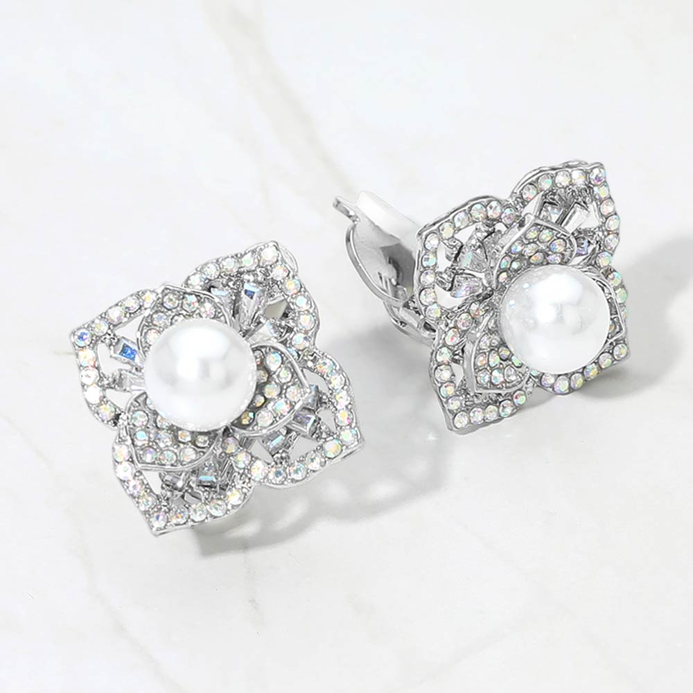Madeline Love Rhodium Pearl Center Rhinestone Pave Flower Clip On Earrings