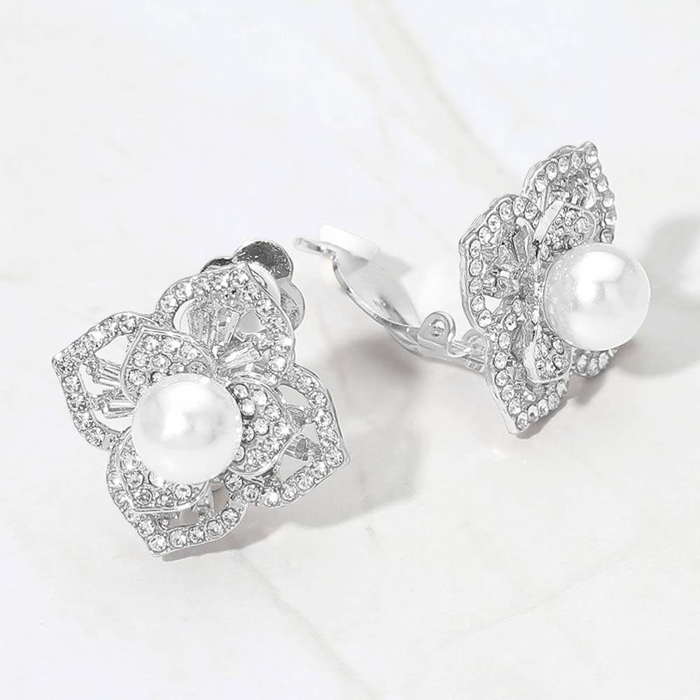 Madeline Love Clear, Rhodium Pearl Center Rhinestone Pave Flower Clip On Earrings