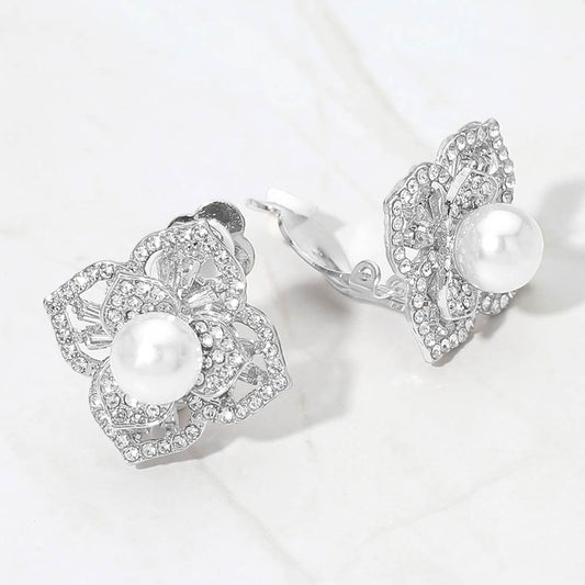Madeline Love Clear, Rhodium Pearl Center Rhinestone Pave Flower Clip On Earrings