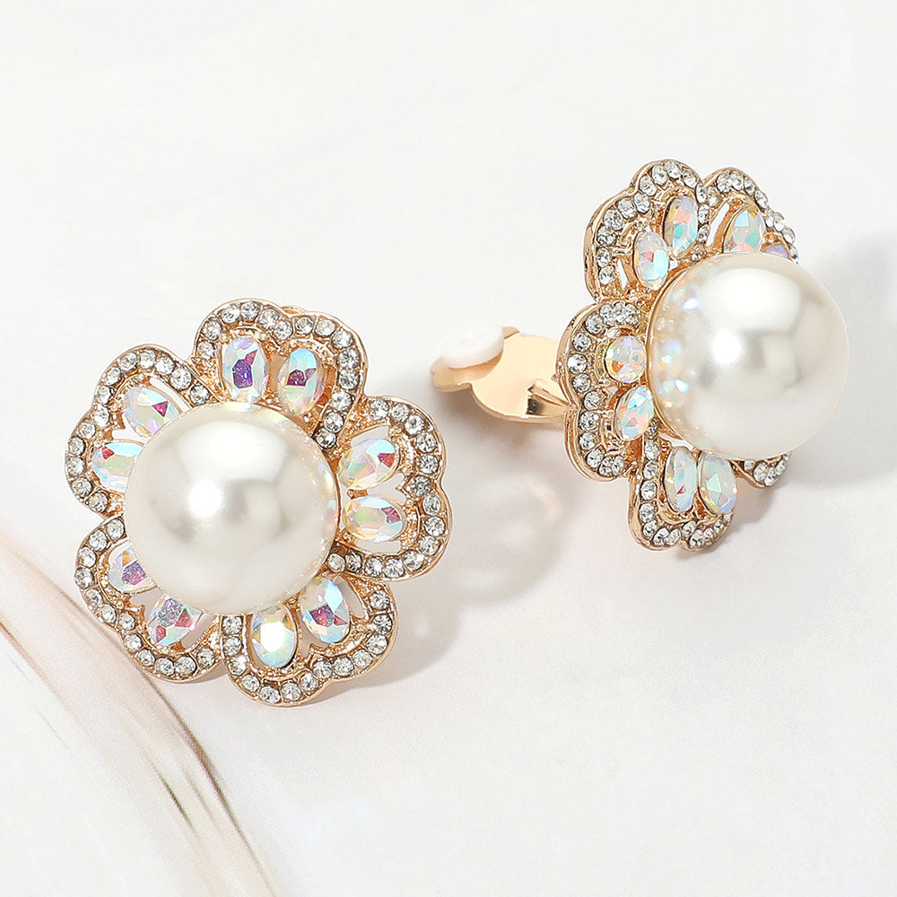 Madeline Love Cream, Gold Pearl Center Rhinestone Embellished Floral Clip On Earrings