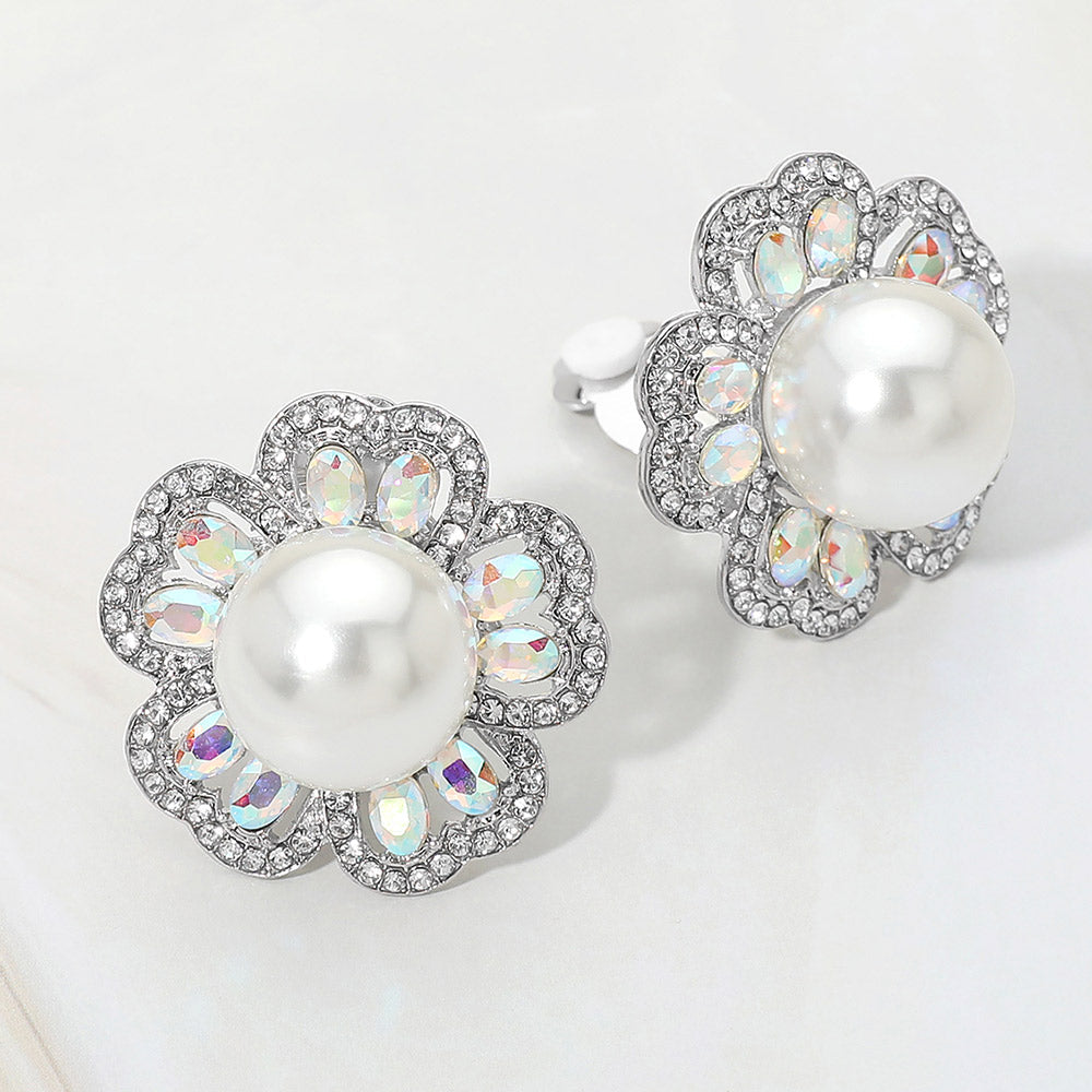 Madeline Love Cream, Rhodium Pearl Center Rhinestone Embellished Floral Clip On Earrings