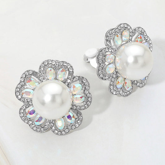 Madeline Love Cream, Rhodium Pearl Center Rhinestone Embellished Floral Clip On Earrings