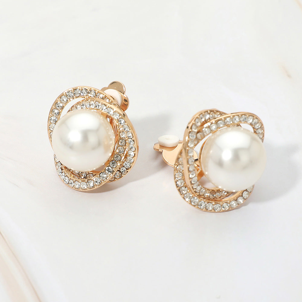 Madeline Love Cream, Gold Rhinestone Pave Double Halo Pearl Accent Clip On Earrings