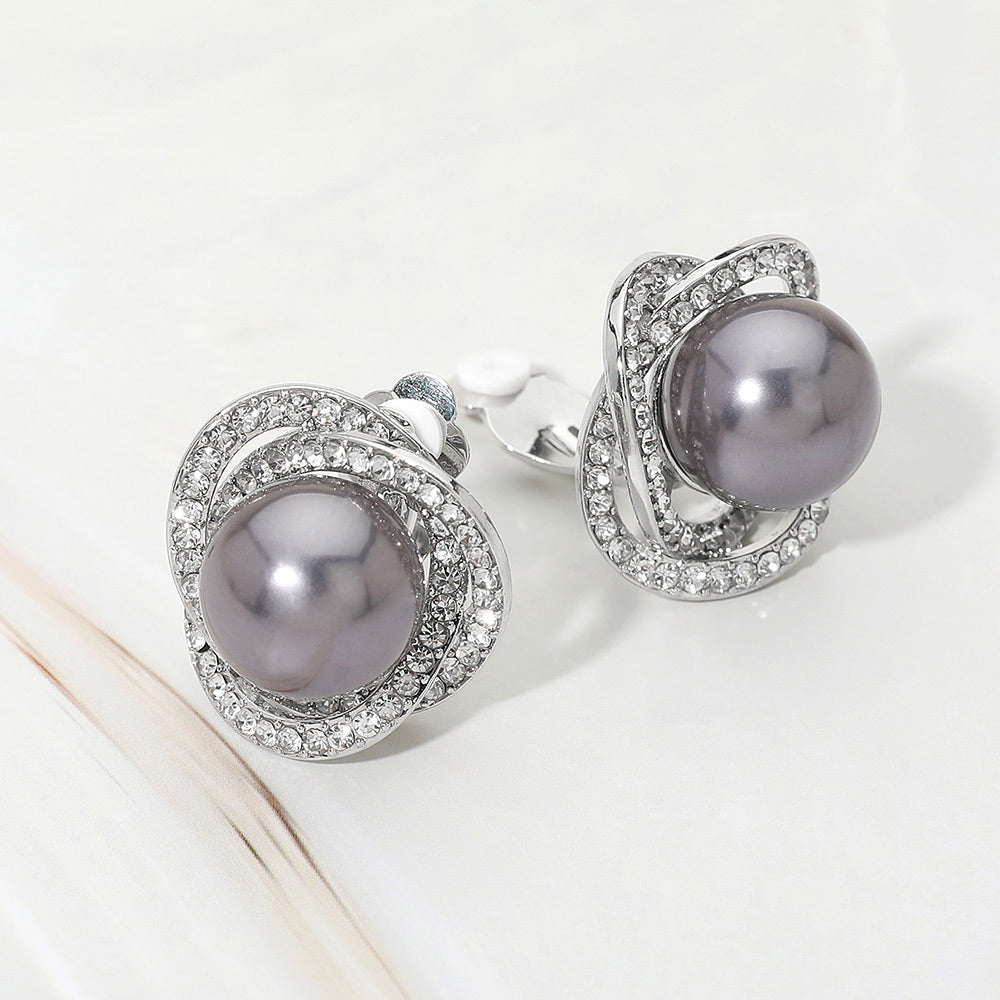 Madeline Love Gray Rhinestone Pave Double Halo Pearl Accent Clip On Earrings