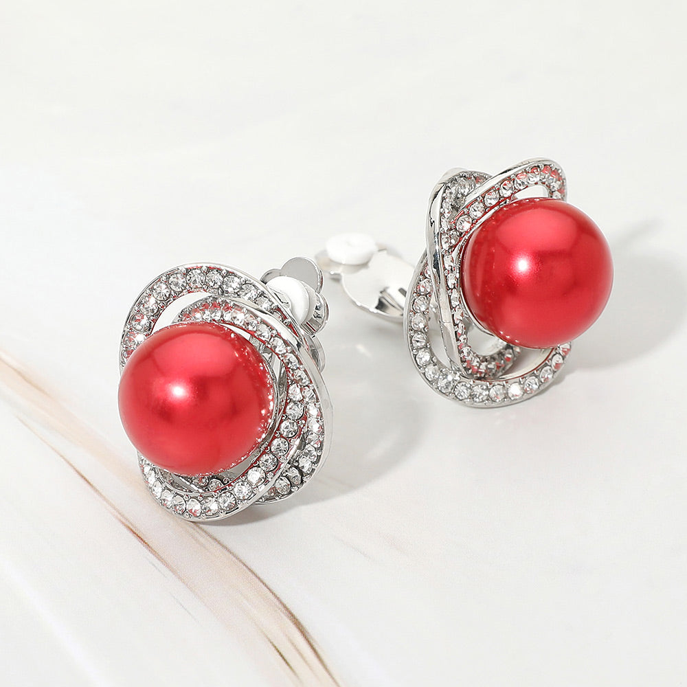 Madeline Love Red Rhinestone Pave Double Halo Pearl Accent Clip On Earrings