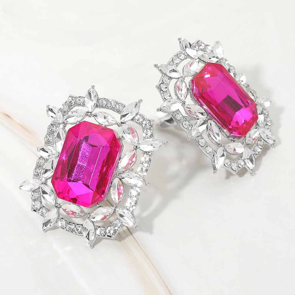 Madeline Love Fuchsia Bold Rectangular Gem Center Statement Evening Clip On Earrings