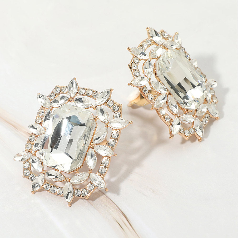 Madeline Love Clear, Gold Bold Rectangular Gem Center Statement Evening Clip On Earrings