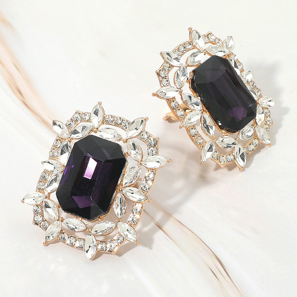 Madeline Love Purple Bold Rectangular Gem Center Statement Evening Clip On Earrings