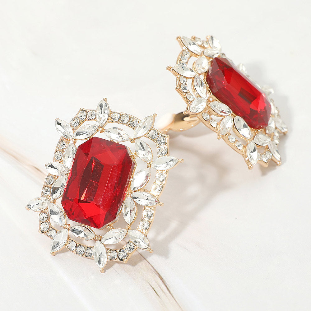 Madeline Love Red Bold Rectangular Gem Center Statement Evening Clip On Earrings