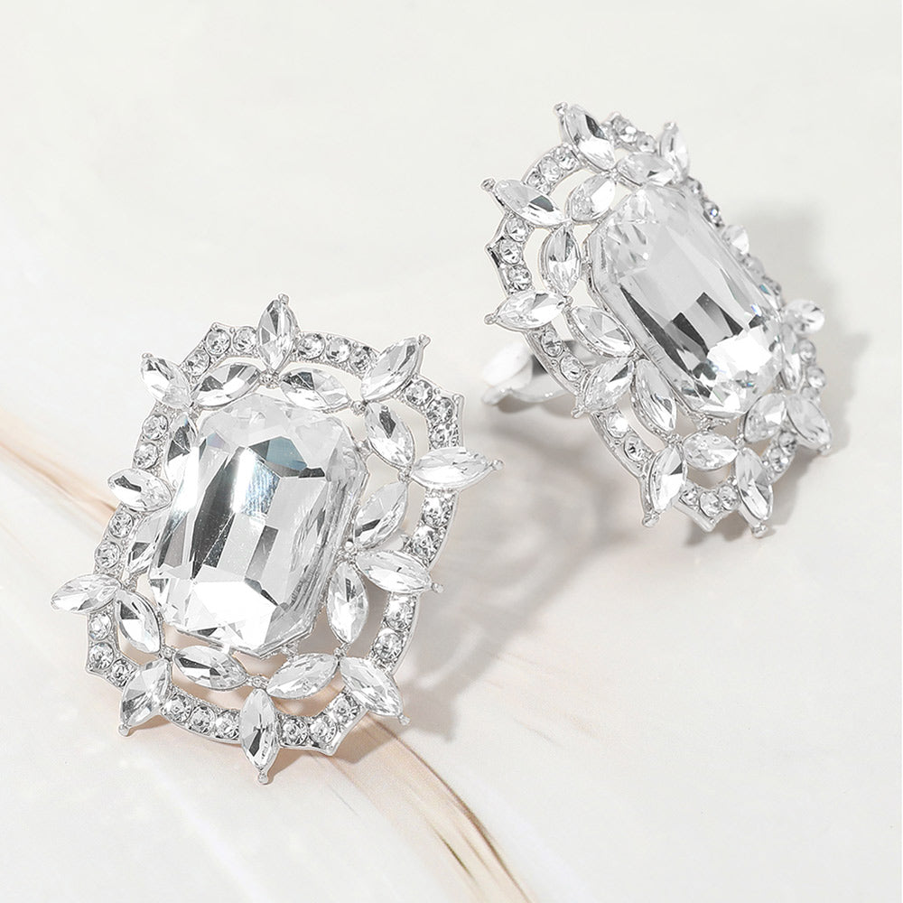 Madeline Love Clear, Rhodium Bold Rectangular Gem Center Statement Evening Clip On Earrings