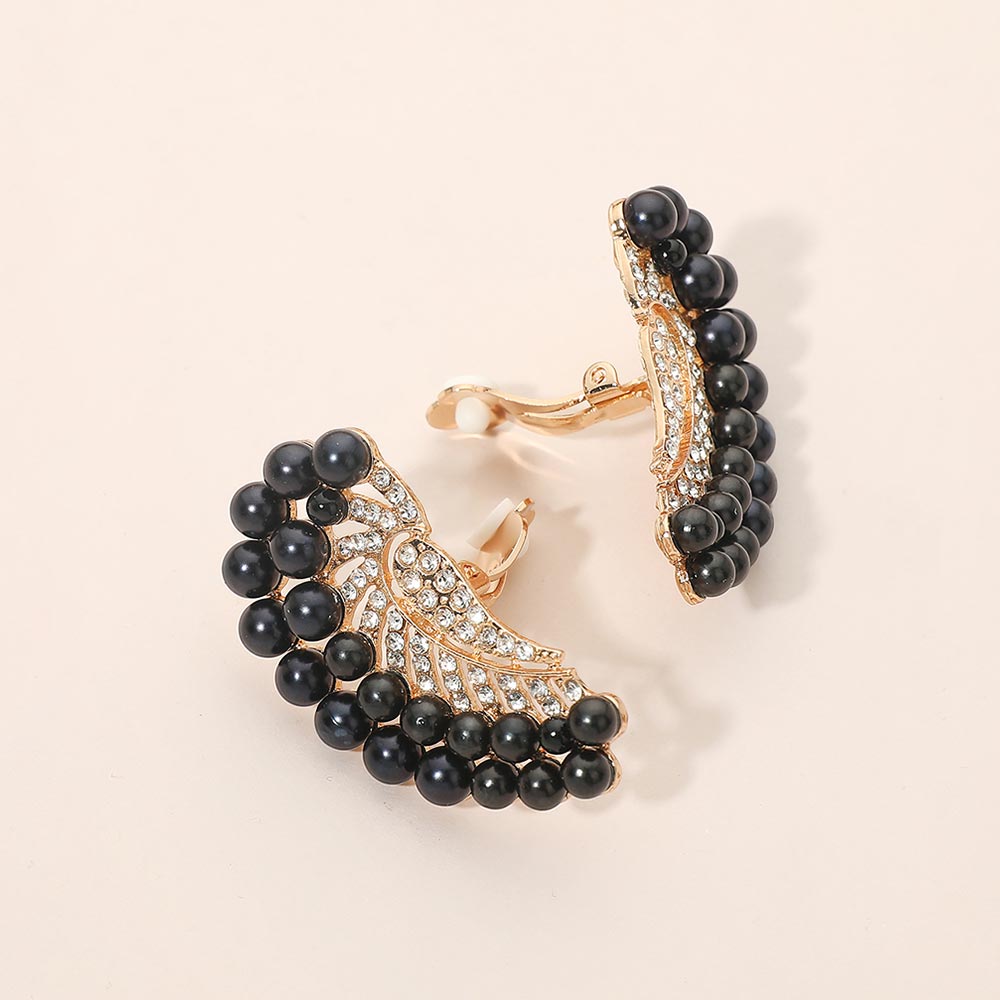 Madeline Love Black Beaded Pearl Trim Rhinestone Embellished Fan Clip On Statement Earrings