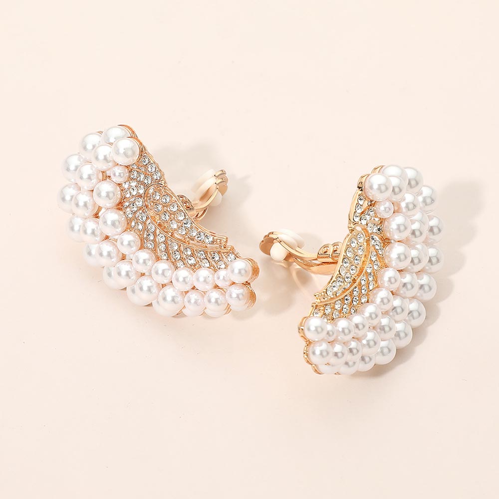 Madeline Love Gold, White Beaded Pearl Trim Rhinestone Embellished Fan Clip On Statement Earrings