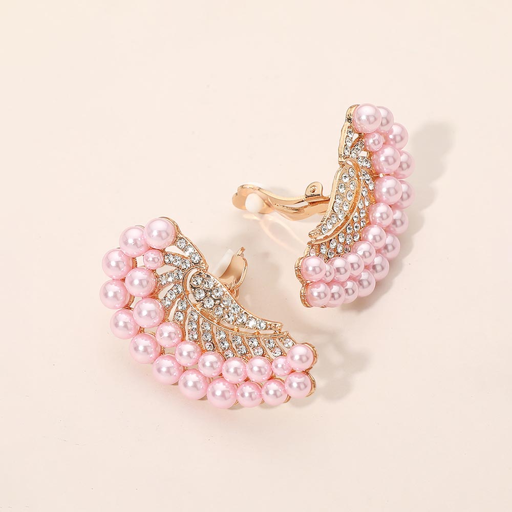 Madeline Love Pink Beaded Pearl Trim Rhinestone Embellished Fan Clip On Statement Earrings