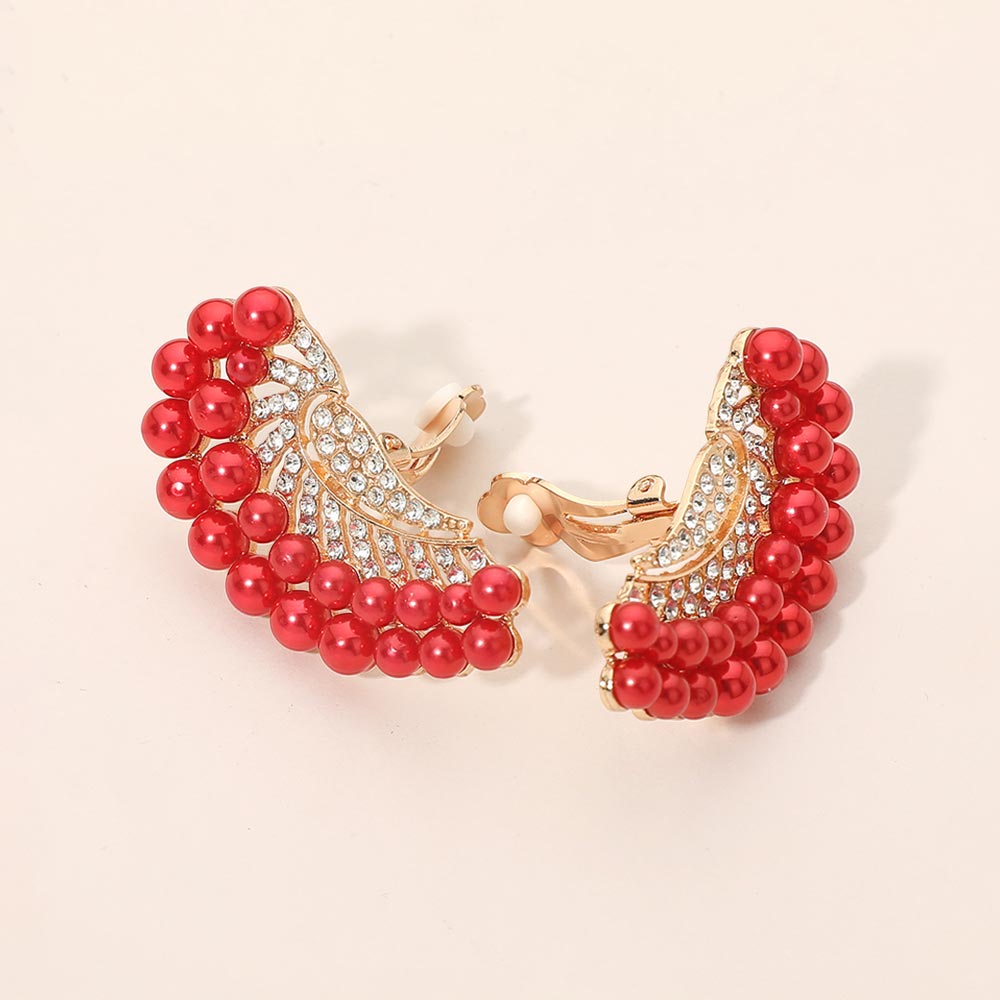 Madeline Love Red Beaded Pearl Trim Rhinestone Embellished Fan Clip On Statement Earrings