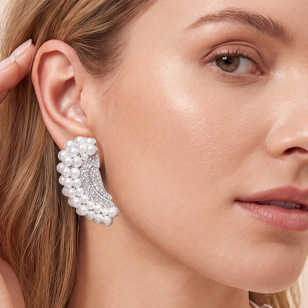Madeline Love Rhodium, White Beaded Pearl Trim Rhinestone Embellished Fan Clip On Statement Earrings