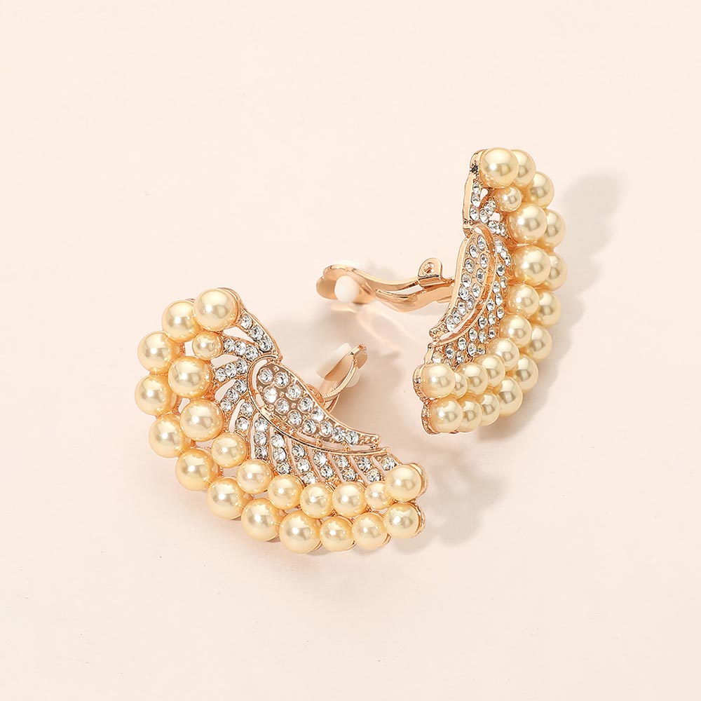 Madeline Love Topaz Beaded Pearl Trim Rhinestone Embellished Fan Clip On Statement Earrings