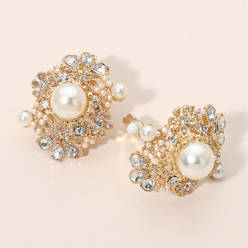 Madeline Love Cream, Gold Elegant Pearl Floral Cluster Clip On Evening Earrings