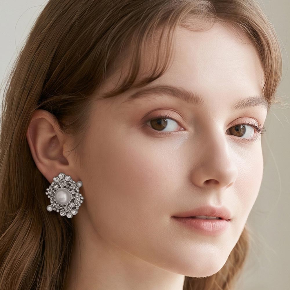 Madeline Love Rhodium, White Elegant Pearl Floral Cluster Clip On Evening Earrings
