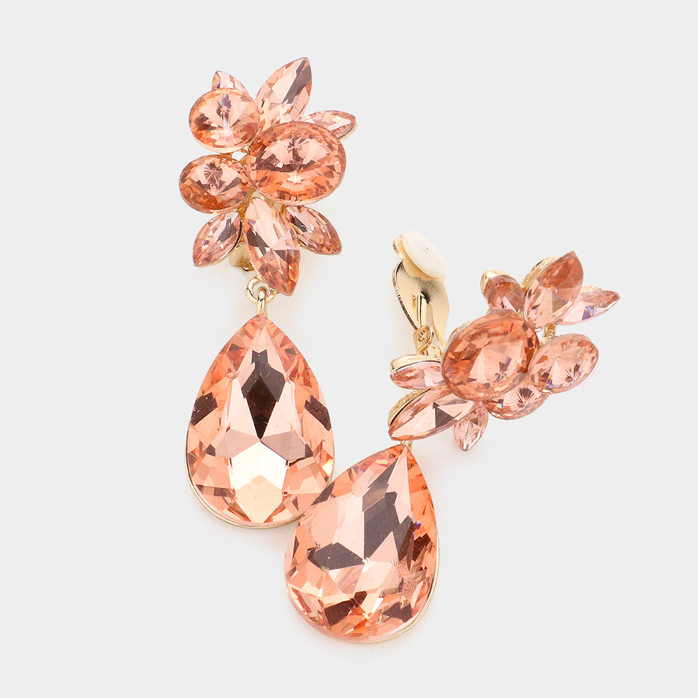 Madeline Love Peach Floral Teardrop Crystal Clip on Evening Earring