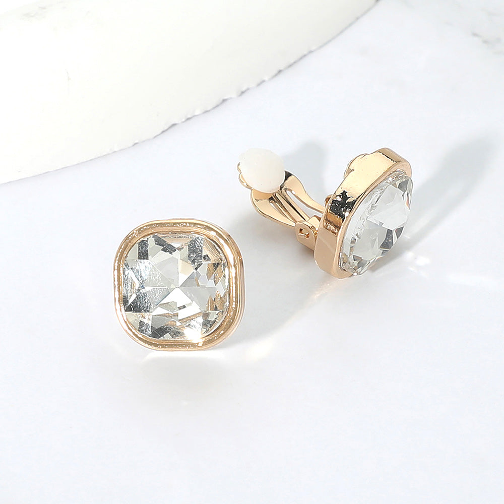 Madeline Love Clear, Gold Square Cut Gem Evening Stud Clip On Earrings
