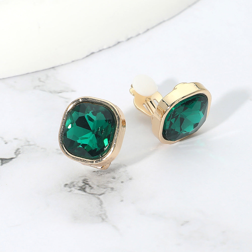 Madeline Love Emerald, Gold Square Cut Gem Evening Stud Clip On Earrings