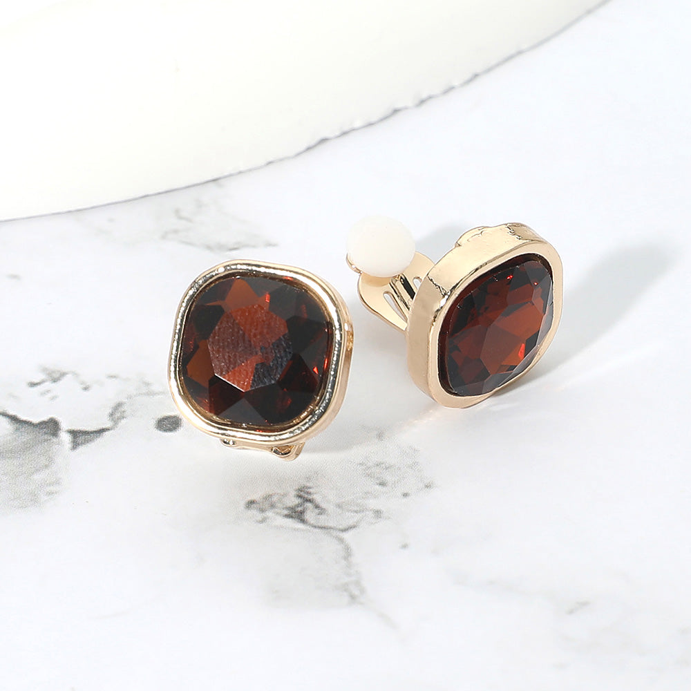 Madeline Love Brown, Gold Square Cut Gem Evening Stud Clip On Earrings