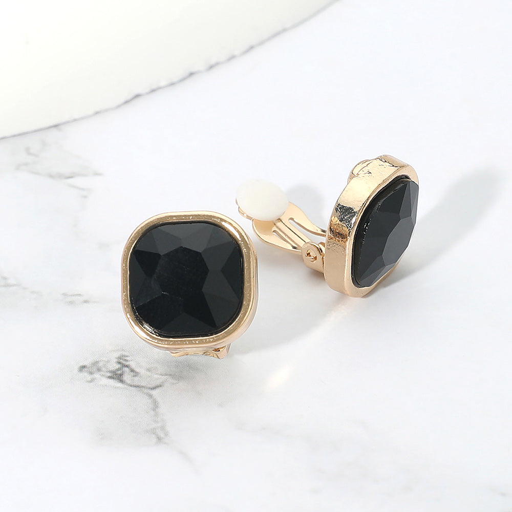 Madeline Love Black, Gold Square Cut Gem Evening Stud Clip On Earrings