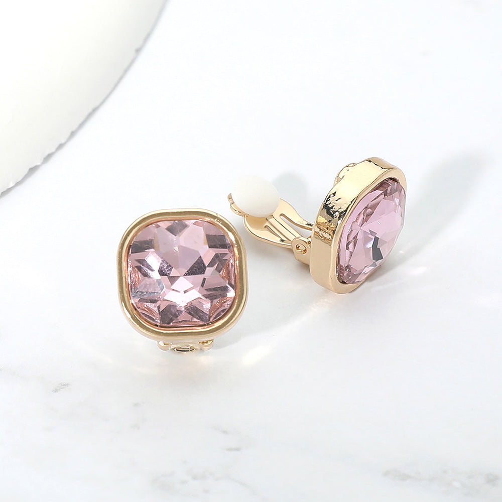 Madeline Love Gold, Pink Square Cut Gem Evening Stud Clip On Earrings