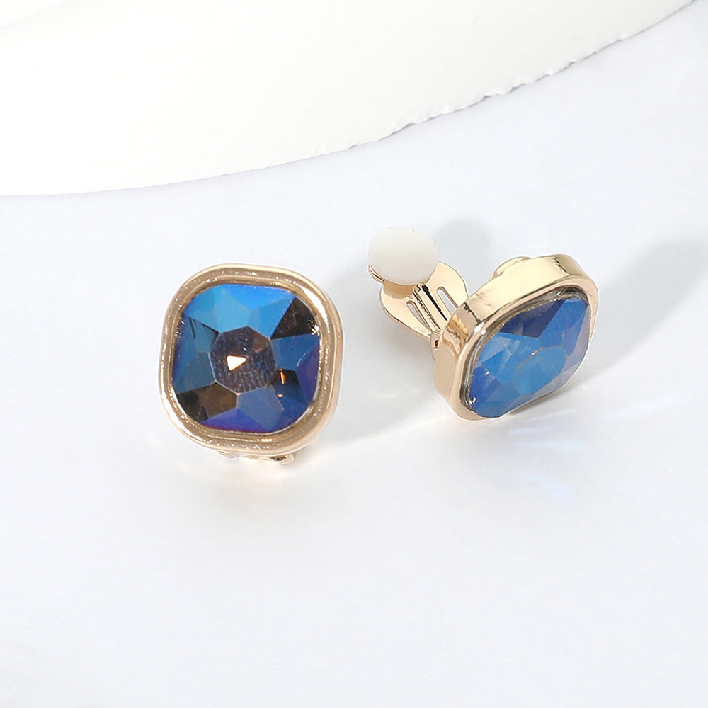 Madeline Love AB, Blue, Gold Square Cut Gem Evening Stud Clip On Earrings