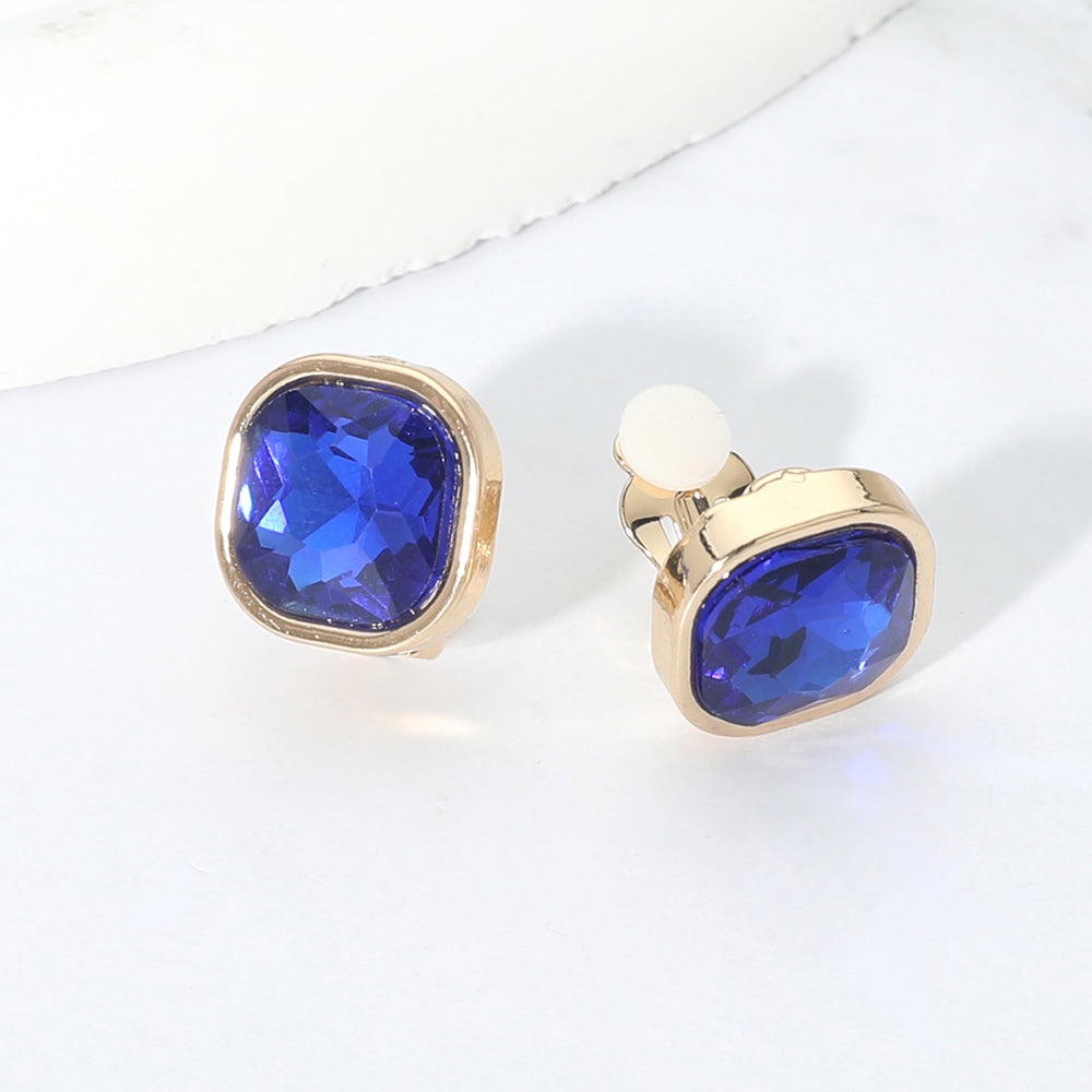 Madeline Love Gold, Sapphire Square Cut Gem Evening Stud Clip On Earrings