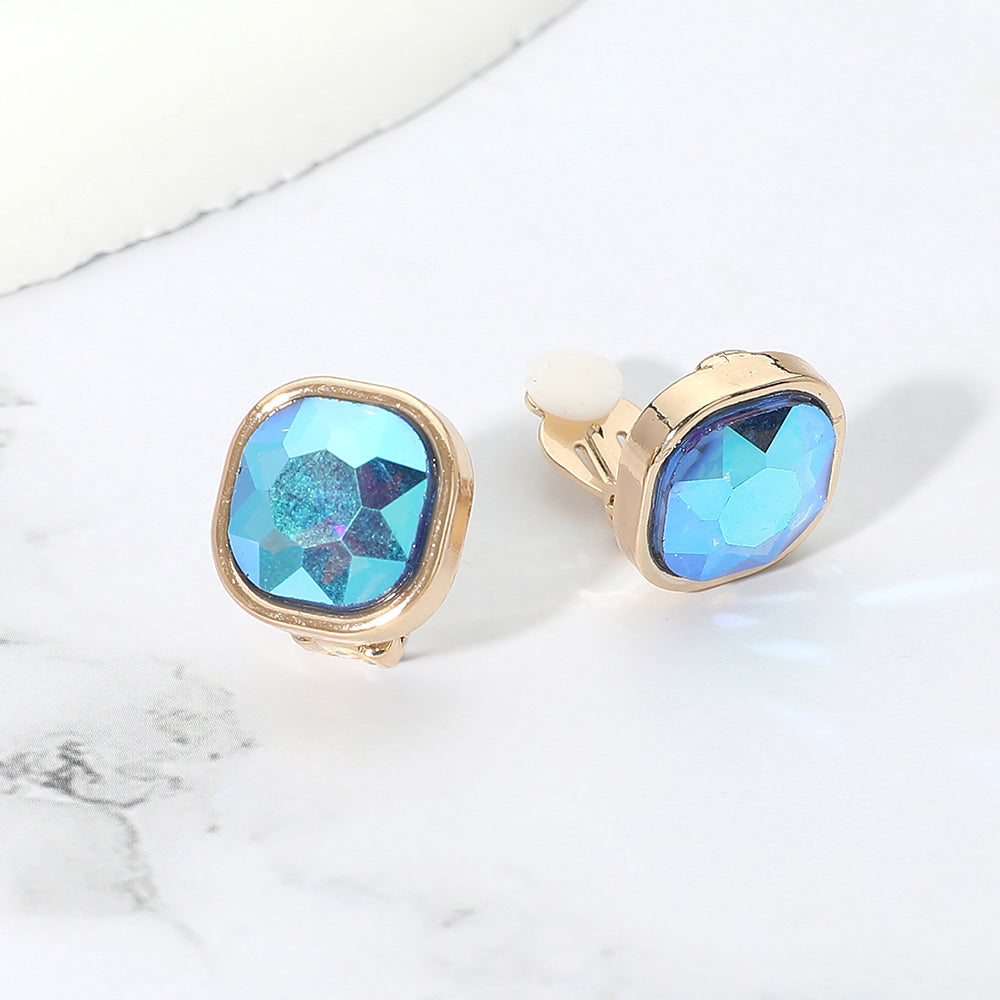 Madeline Love AB, Gold, Sapphire Square Cut Gem Evening Stud Clip On Earrings