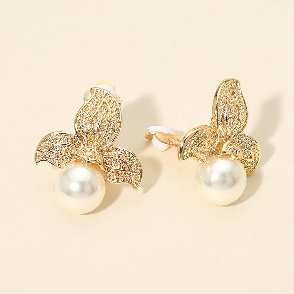 Madeline Love Gold Textured Metal Floral Pearl Drop Clip On Earrings
