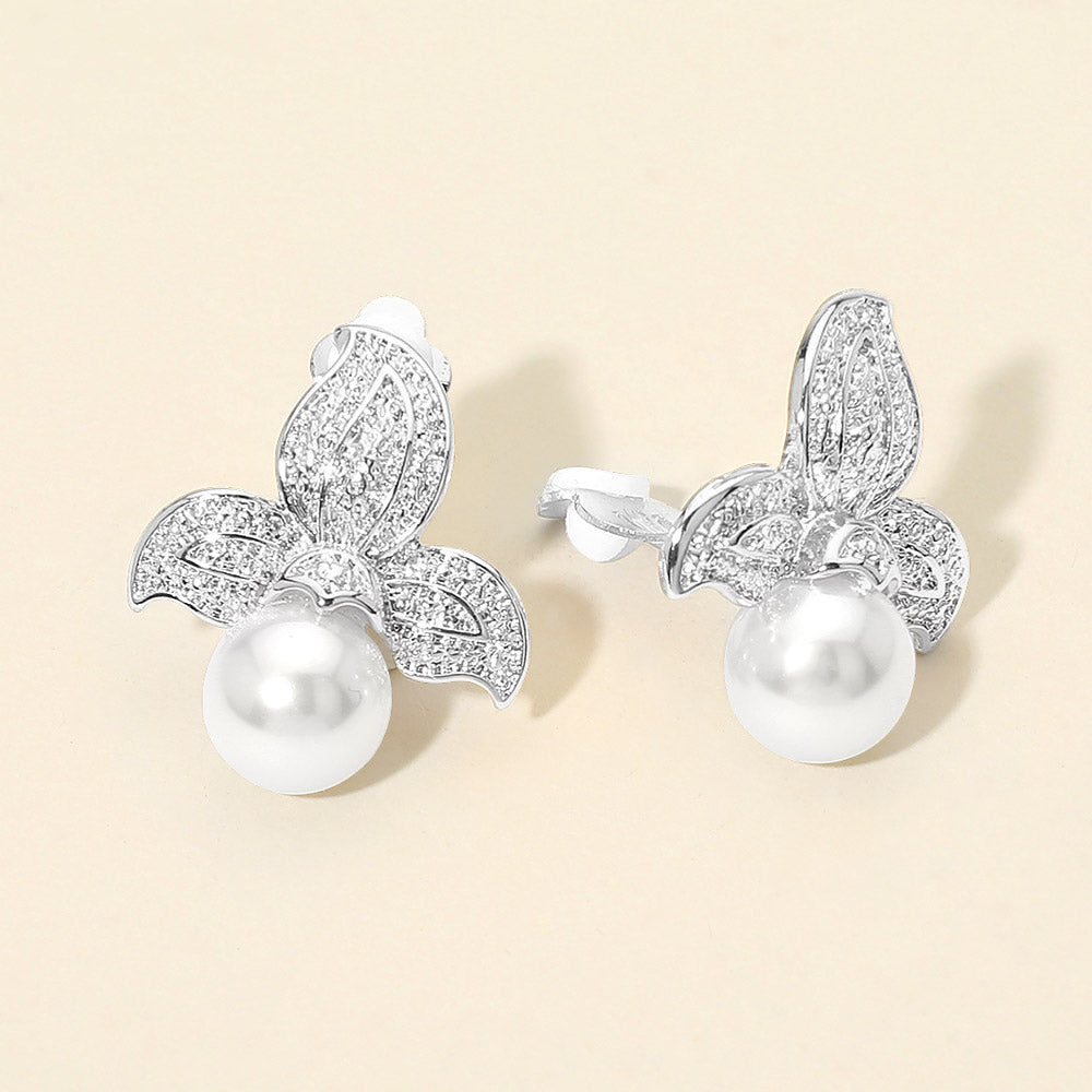 Madeline Love Rhodium Textured Metal Floral Pearl Drop Clip On Earrings
