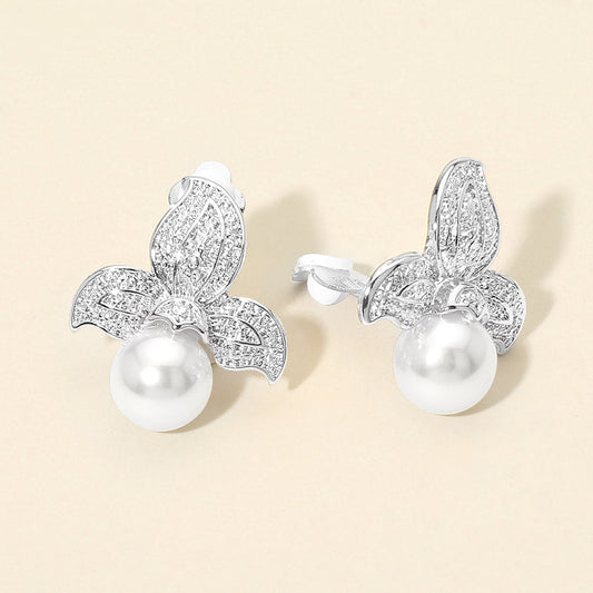 Madeline Love Rhodium Textured Metal Floral Pearl Drop Clip On Earrings